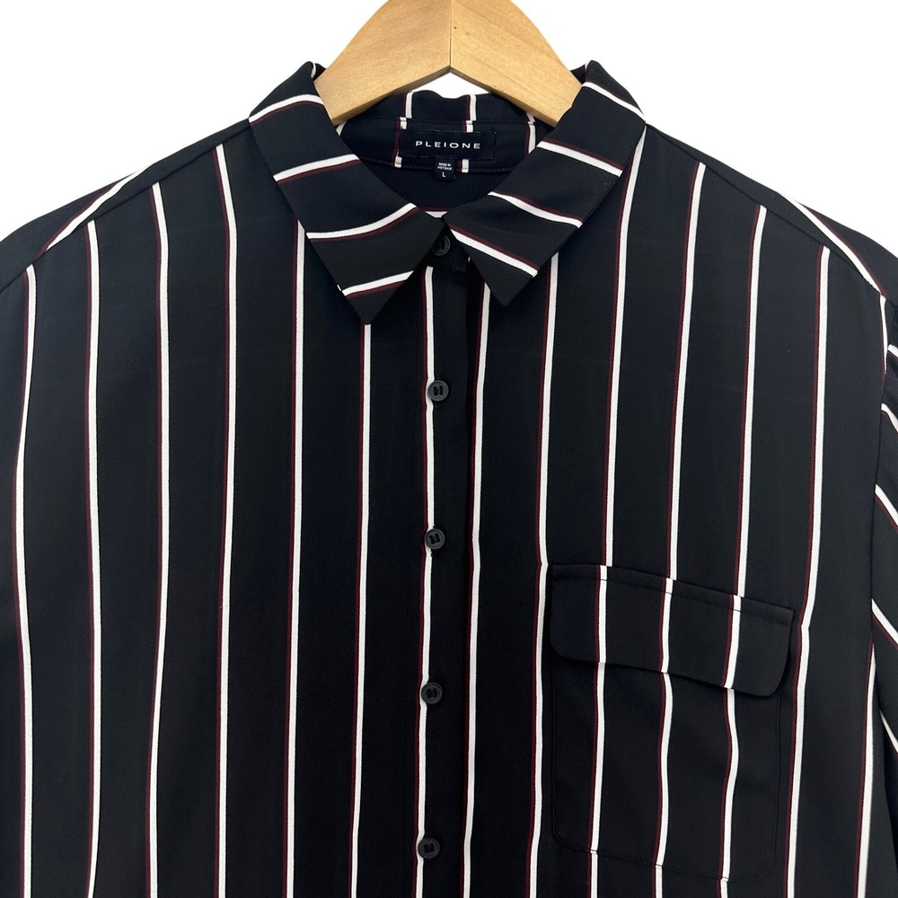 Pleione Womens Black White Red Striped Button Down Blouse Size L Careercore Corp
